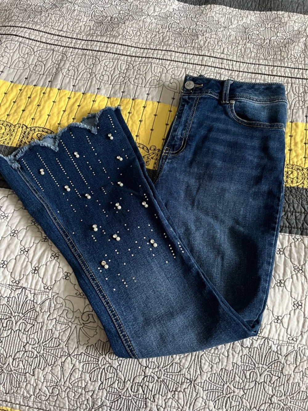 Pearl & Rhinestone Embellished Dark Blue Flare Jeans